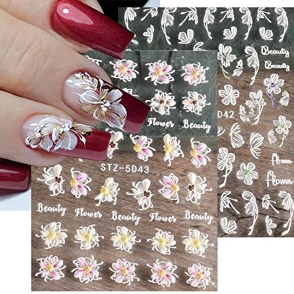 3D Embossed Spring Flower Nail Art Stickers Decals 4 Sheets 5D Self-Adhesive